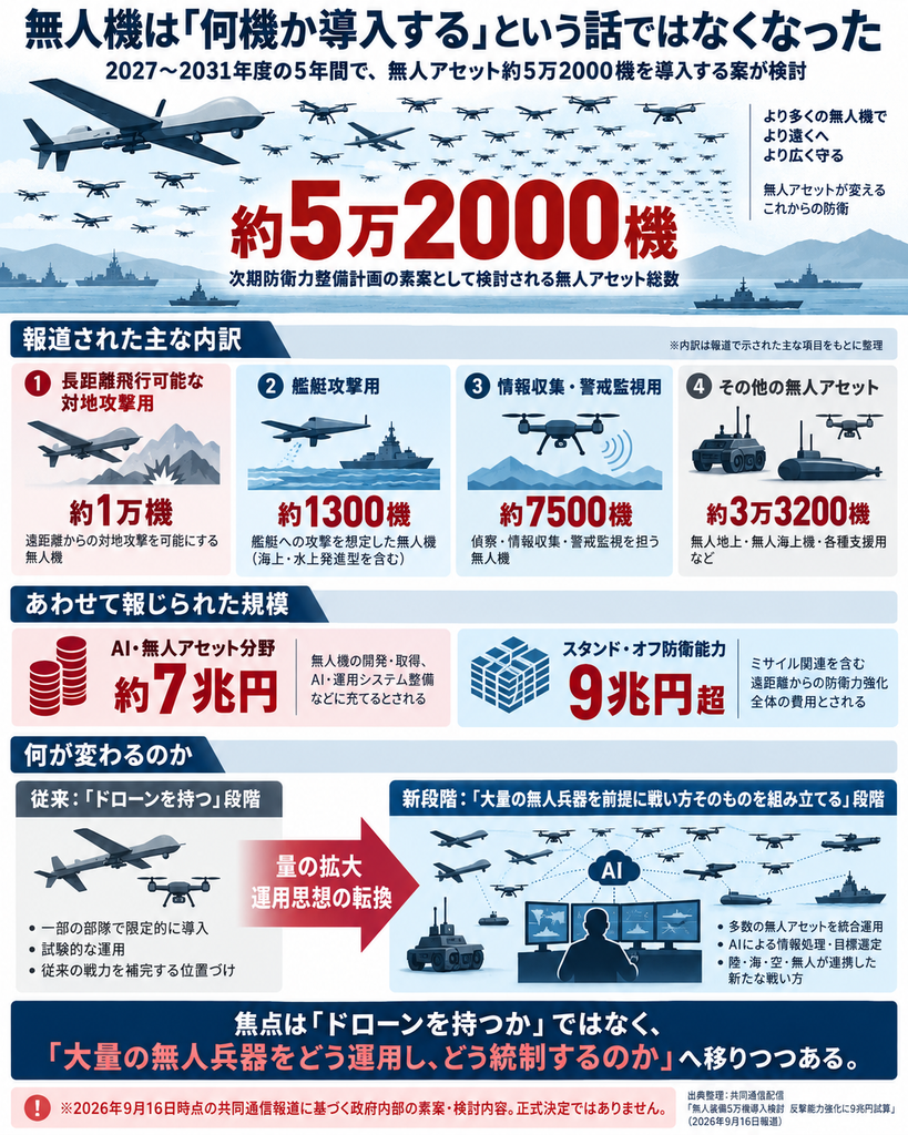 「無人機は『何機か導入する』という話ではなくなった」と題したインフォグラフィック。2026年9月16日の共同通信報道をもとに、政府が次期防衛力整備計画の素案として、2027～2031年度の5年間に無人アセット約5万2000機を導入する案を検討していることを図解。内訳として、長距離飛行可能な対地攻撃用約1万機、艦艇攻撃用約1300機、情報収集・警戒監視用約7500機、その他の無人アセット約3万3200機を表示。あわせてAI・無人アセット分野に約7兆円、スタンド・オフ防衛能力に9兆円超との試算を示す。下部では、従来の「一部部隊でドローンを限定導入する段階」から、「大量の無人兵器をAIで統合運用し、陸・海・空・無人システムを前提に戦い方そのものを組み立てる段階」へ移行しつつあることを対比。焦点が「ドローンを持つか」から「大量の無人兵器をどう運用し、どう統制するか」へ変わっていることを強調している。なお、数値は2026年9月16日時点の政府内部の素案・検討内容であり、正式決定ではない。