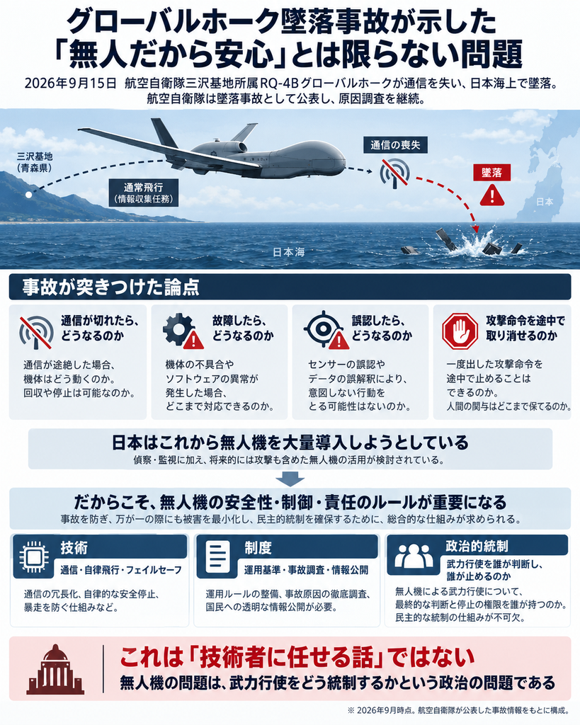 「グローバルホーク墜落事故が示した『無人だから安心』とは限らない問題」と題したインフォグラフィック。上部には、2026年9月15日に航空自衛隊三沢基地所属の無人偵察機RQ-4Bグローバルホークが通信を失い、日本海上で墜落し、航空自衛隊が原因調査を続けているという説明がある。中央には、青森県の三沢基地から日本海上へ飛行するグローバルホークのイラストが描かれ、通常飛行中に「通信の喪失」が発生し、その後、赤い点線の軌道の先で海上に墜落する様子を図示している。
中段の「事故が突きつけた論点」では、4つの主要論点をアイコン付きで整理している。①「通信が切れたら、どうなるのか」―通信途絶時に機体がどう動くのか、回収や停止は可能なのか。②「故障したら、どうなるのか」―機体の不具合やソフトウェア異常が起きた場合にどこまで対応できるのか。③「誤認したら、どうなるのか」―センサーの誤認やデータの誤解釈により、意図しない行動をとる可能性はないのか。④「攻撃命令を途中で取り消せるのか」―一度出した攻撃命令を途中で止められるのか、人間の関与はどこまで保てるのか。
その下では、「日本はこれから無人機を大量導入しようとしている」として、偵察・監視だけでなく、将来的には攻撃も含めた無人機活用が検討されていることを示す。さらに、「だからこそ、無人機の安全性・制御・責任のルールが重要になる」と強調し、必要な対応を3つに整理している。左は「技術」―通信、自律飛行、フェイルセーフなど、暴走や事故を防ぐ仕組み。中央は「制度」―運用基準、事故調査、情報公開など、透明性あるルール整備。右は「政治的統制」―武力行使を誰が判断し、誰が止めるのかという民主的統制の問題。
最下部には赤字で「これは『技術者に任せる話』ではない」と大きく書かれ、その下に「無人機の問題は、武力行使をどう統制するかという政治の問題である」とまとめている。全体として、無人機の事故を単なる技術トラブルではなく、今後の無人機大量導入時代における安全性、責任、民主的統制の問題として捉える内容になっている。