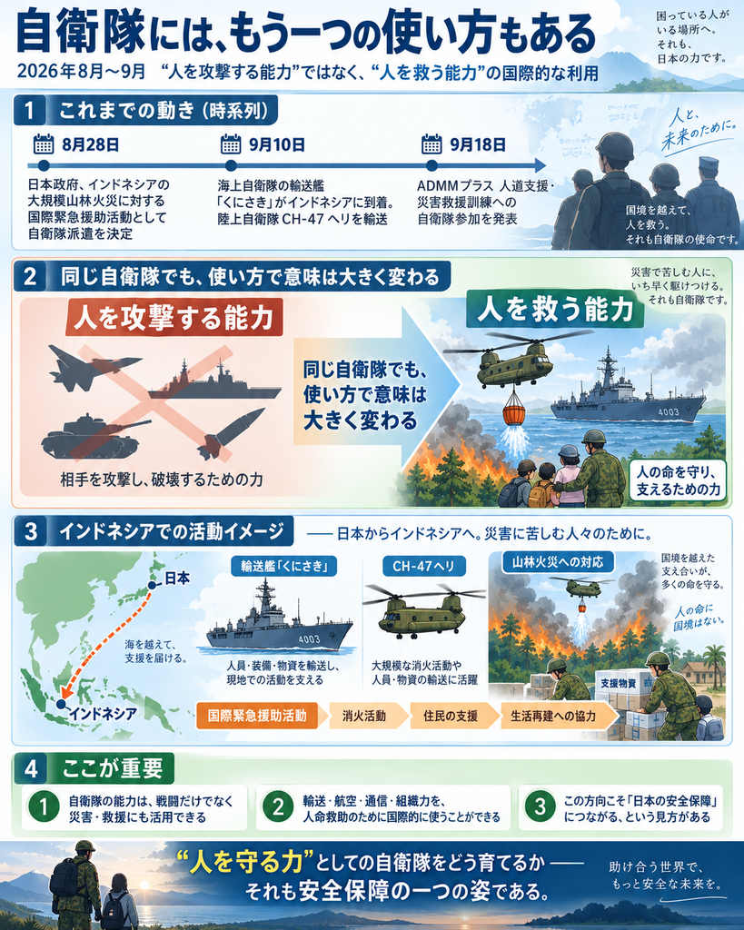 「自衛隊には、もう一つの使い方もある」と題したインフォグラフィック。全体は青と緑を基調とし、2026年8月から9月にかけての自衛隊の国際緊急援助活動と人道支援・災害救援訓練を、時系列と比較図で示している。最上部には大きく「自衛隊には、もう一つの使い方もある」と書かれ、その下に「2026年8月～9月 “人を攻撃する能力”ではなく、“人を救う能力”の国際的な利用」と説明が添えられている。右上には、困っている人がいる場所へ、それも日本の力です、という趣旨の短いメッセージが添えられている。

第1ブロック「これまでの動き（時系列）」では、横向きのタイムラインに3つの節目が示されている。8月28日には、日本政府がインドネシアの大規模山林火災に対する国際緊急援助活動として自衛隊派遣を決定したこと。9月10日には、海上自衛隊の輸送艦「くにさき」がインドネシアに到着し、陸上自衛隊のCH-47ヘリを輸送したこと。9月18日には、ADMMプラスの人道支援・災害救援訓練への自衛隊参加が発表されたことが、それぞれカレンダーアイコン付きで示されている。タイムラインの右側には、自衛隊員の後ろ姿が描かれ、「人と、未来のために」「国境を越えて、人を救う。それも自衛隊の使命です」といったメッセージが添えられている。

第2ブロック「同じ自衛隊でも、使い方で意味は大きく変わる」では、左に赤系の欄で「人を攻撃する能力」、右に青緑系の欄で「人を救う能力」が対比されている。左側には戦闘機、護衛艦、戦車、ミサイルのイラストが描かれ、大きなバツ印が重なり、「相手を攻撃し、破壊するための力」と説明されている。右側には、CH-47ヘリが森林火災に向けて消火バケットで放水する場面、海上自衛隊艦艇、住民を支える自衛隊員の姿が描かれ、「人の命を守り、支えるための力」と説明されている。中央には大きな矢印があり、「同じ自衛隊でも、使い方で意味は大きく変わる」と強調している。

第3ブロック「インドネシアでの活動イメージ」では、日本からインドネシアへ向かう地図が描かれ、日本列島から東南アジアへ点線の矢印が伸び、「海を越えて、支援を届ける」と書かれている。地図の横には輸送艦「くにさき」のイラストがあり、「人員・装備・物資を輸送し、現地での活動を支える」と説明されている。さらにCH-47ヘリのイラストがあり、「大規模な消火活動や人員・物資の輸送に活躍」と書かれている。右側には森林火災の現場でヘリが放水している場面と、地上で支援物資を扱う自衛隊員が描かれ、「山林火災への対応」「支援物資」「住民の支援」「生活再建への協力」といった語句が配置されている。下部には「国際緊急援助活動 → 消火活動 → 住民の支援 → 生活再建への協力」という流れが矢印で示され、国境を越えた支え合いが多くの命を守るという趣旨の文章が添えられている。

第4ブロック「ここが重要」では、緑色の番号付きの3つのポイントが並ぶ。1つ目は「自衛隊の能力は、戦闘だけでなく災害・救援にも活用できる」。2つ目は「輸送・航空・通信・組織力を、人命救助のために国際的に使うことができる」。3つ目は「この方向こそ『日本の安全保障』につながる、という見方がある」とまとめている。

最下部には夕景の海辺を背景に、子どもと自衛隊員の後ろ姿が描かれ、大きく「“人を守る力”としての自衛隊をどう育てるか――それも安全保障の一つの姿である。」と書かれている。右下には「助け合う世界で、もっと安全な未来を。」という締めのメッセージが置かれている。全体として、自衛隊の役割を単に軍事力としてではなく、人命救助や国際的な災害支援の力として捉え直し、その方向も日本の安全保障を支える重要な柱になりうる、という考えを視覚的に示した図である。