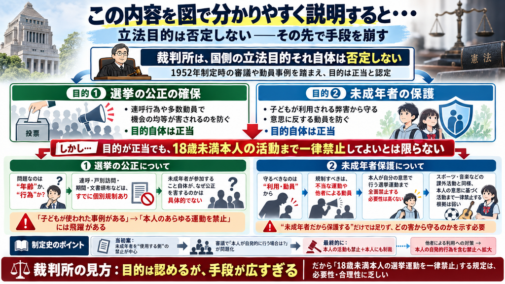 「この内容を図で分かりやすく説明すると・・・」という大見出しの横長図解。副題は「立法目的は否定しない――その先で手段を崩す」。中央上部で、裁判所は国側の立法目的それ自体は否定せず、1952年制定時の審議や動員事例を踏まえて目的は正当と認定した、と示す。左右に二つの目的を配置し、左は緑色の枠で「目的① 選挙の公正の確保」。投票箱やメガホンのイラストとともに、連呼行為や多数動員で機会の均等が害されるのを防ぐこと、目的自体は正当であることを示す。右は青色の枠で「目的② 未成年者の保護」。子ども二人と盾のイラストとともに、子どもが利用される弊害から守ること、意思に反する動員を防ぐこと、目的自体は正当であることを示す。
その下の赤い帯で、「しかし…目的が正当でも、18歳未満本人の活動まで一律禁止してよいとは限らない」と強調。左下の「① 選挙の公正について」では、「問題なのは年齢か行為か」と問い、連呼・戸別訪問・期間・文書頒布などはすでに個別規制があること、未成年者が参加すること自体がなぜ公正を害するのかは具体的でないことを示す。さらに「子どもが使われた事例がある」から「本人のあらゆる運動を禁止」へ進むのは飛躍があると整理する。右下の「② 未成年者保護について」では、守るべきなのは利用・動員からであり、規制すべきは不当な運動や他者による動員だと示す。そして、本人が自分の意思で行う選挙運動まで全面禁止する必要性は高くなく、スポーツや音楽などの課外活動と同様、本人の意思に基づく活動まで一律禁止する根拠は弱いと説明する。「未成年者だから保護する」だけでは足りず、どの害から守るのかを示す必要がある、という注意書きもある。
最下部には「制定史のポイント」として、当初案は未成年者を使用する側の禁止が中心だったが、審議で本人が自発的に行う場合が問題化し、最終的に本人の活動も禁止し本人にも制裁を科す方向へ拡大した流れを図示。いちばん下の赤い帯で、「裁判所の見方:目的は認めるが、手段が広すぎる」と総括し、だから18歳未満本人の選挙運動を一律禁止する規定は必要性・合理性に乏しいと結論づけている。