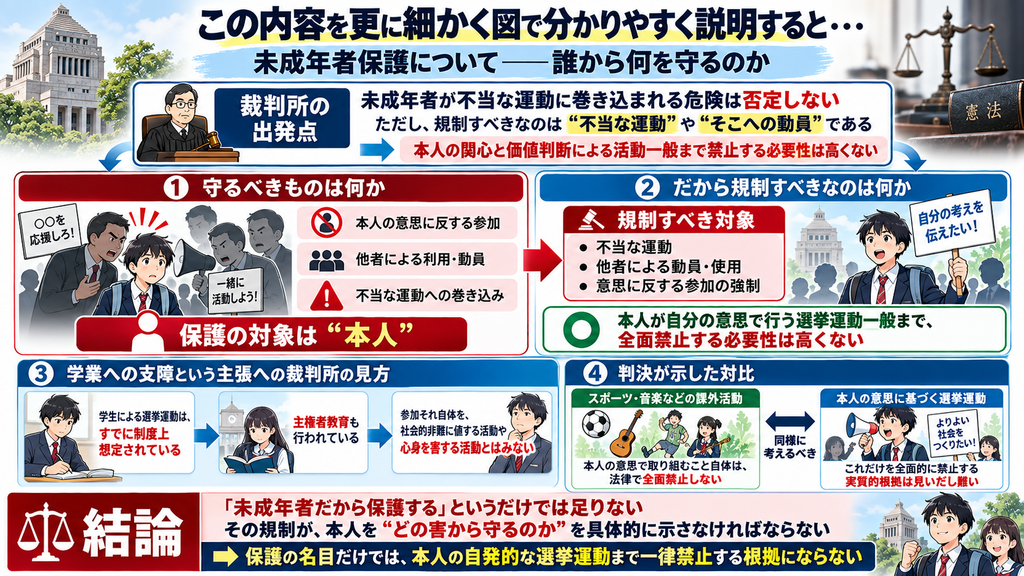 「この内容を更に細かく図で分かりやすく説明すると・・・」と題した、未成年者保護を理由とする選挙運動規制についての図解。裁判所の出発点として、「未成年者が不当な運動に巻き込まれる危険は否定しない」が、「本人の関心と価値判断による活動一般まで禁止する必要性は高くない」と整理する。
図は4段階で構成。①「守るべきものは何か」では、本人の意思に反する参加、他者による利用・動員、不当な運動への巻き込みを「保護の対象となる害」とする。②「だから規制すべきなのは何か」では、不当な運動、他者による動員・使用、意思に反する参加の強制を規制対象とし、本人が自分の意思で行う選挙運動一般を全面禁止する必要性は高くないと示す。③「学業への支障」については、学生の選挙運動は制度上想定され、主権者教育も行われているため、参加それ自体を社会的非難に値する活動とはみなせないと説明。④「判決が示した対比」では、スポーツ・音楽など本人の意思で取り組む課外活動を法律で全面禁止しないことと、自らの意思による選挙運動を対比する。
最下部の結論では、「未成年者だから保護する」というだけでは足りず、規制が本人を「どの害から守るのか」を具体的に示す必要があり、保護の名目だけでは本人の自発的な選挙運動まで一律禁止する根拠にはならないとまとめている。