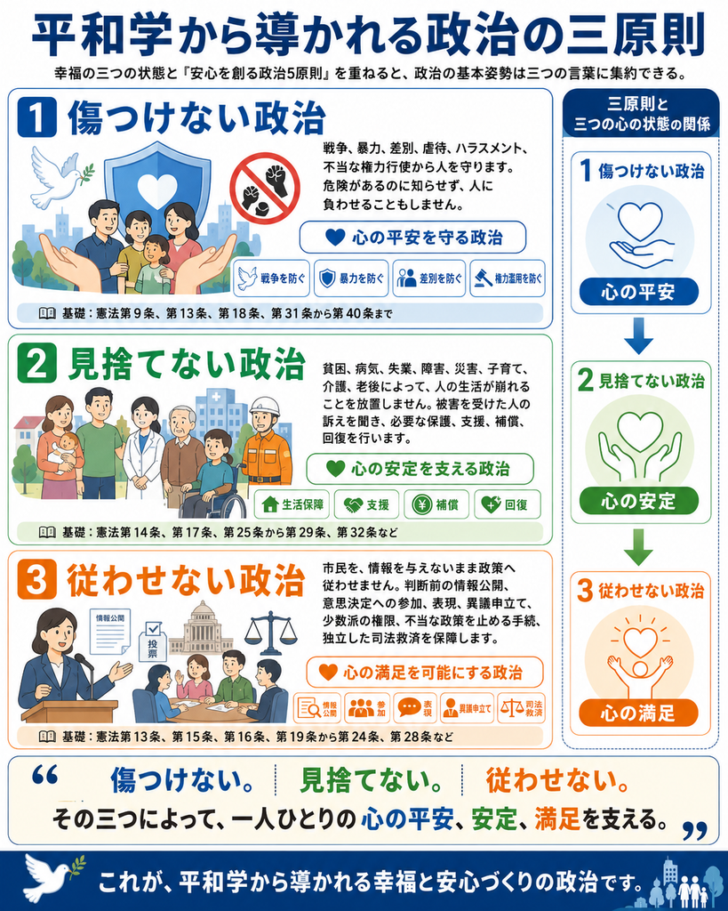 「平和学から導かれる政治の三原則」を説明したインフォグラフィック。幸福の三つの状態と「安心を創る政治5原則」を重ね合わせ、政治の基本姿勢を「傷つけない政治」「見捨てない政治」「従わせない政治」の三つに整理している。
第1の原則は「傷つけない政治」。戦争、暴力、差別、虐待、ハラスメント、不当な権力行使から人を守り、危険があることを知らせないまま人に負担や被害を負わせない政治を意味する。図では、家族や市民を両手で包み込むように守る構図、平和を象徴する白い鳩、盾、暴力を禁止するマークなどを配置し、「戦争を防ぐ」「暴力を防ぐ」「差別を防ぐ」「権力濫用を防ぐ」という考えを示している。この原則は「心の平安を守る政治」と位置づけられ、憲法第9条、第13条、第18条、第31条から第40条までを基礎として示している。
第2の原則は「見捨てない政治」。貧困、病気、失業、障害、災害、子育て、介護、老後などによって生活が崩れることを放置せず、被害や困難を抱えた人の訴えを聞き、必要な保護、支援、補償、回復を行う政治を意味する。図では、子育て中の家族、医療従事者、高齢者、車いす利用者、災害対応にあたる人など、多様な立場の市民を描き、「生活保障」「支援」「補償」「回復」の四つの要素を示している。この原則は「心の安定を支える政治」と位置づけられ、憲法第14条、第17条、第25条から第29条、第32条などを基礎として示している。
第3の原則は「従わせない政治」。市民に必要な情報を与えないまま政策や行政判断へ従わせるのではなく、判断前の情報公開、意思決定への参加、表現の自由、異議申立て、少数派の権限、不当な政策を止める手続、独立した司法救済を保障する政治を意味する。図では、情報公開の文書、投票、議会や行政を象徴する建物、天秤、市民による話し合いなどを配置し、「情報公開」「参加」「表現」「異議申立て」「司法救済」の重要性を示している。この原則は「心の満足を可能にする政治」と位置づけられ、憲法第13条、第15条、第16条、第19条から第24条、第28条などを基礎として示している。
画像右側には、三原則と幸福の三つの心の状態との対応関係を縦方向に整理し、「傷つけない政治」が「心の平安」、「見捨てない政治」が「心の安定」、「従わせない政治」が「心の満足」につながることを示している。三つの原則を積み重ねることで、一人ひとりが恐怖や暴力から守られ、生活を支えられ、自分で考え、選び、政治に参加できる状態をつくるという構成になっている。
画像下部には、「傷つけない。見捨てない。従わせない。その三つによって、一人ひとりの心の平安、安定、満足を支える。」という中心的な理念を大きく配置している。さらに、「これが、平和学から導かれる幸福と安心づくりの政治です」とまとめ、平和を単に戦争がない状態として捉えるのではなく、人が傷つけられず、生活上の困難から見捨てられず、国家や行政に一方的に従わされない社会をつくることによって、一人ひとりの幸福と安心を支える政治の考え方を視覚化した図。