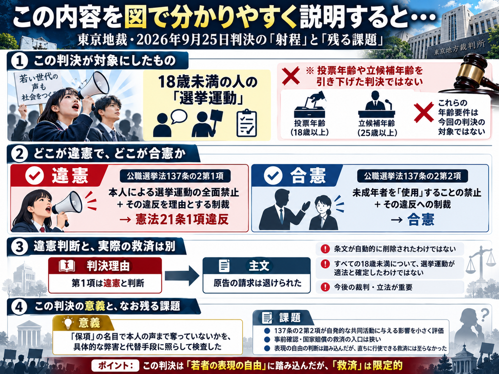 「この内容を図で分かりやすく説明すると…」と題した、東京地裁2026年9月25日判決の射程と課題を整理する図。判決の対象は18歳未満の人の「選挙運動」であり、投票年齢や立候補年齢を引き下げた判決ではないことを示す。公職選挙法137条の2第1項による本人の選挙運動の全面禁止と制裁は憲法21条1項違反とされた一方、第2項の未成年者を「使用」することの禁止と制裁は合憲とされた。また、判決理由で違憲と判断されても、条文が自動的に削除されたわけではなく、主文では原告の請求が退けられたため、すべての18歳未満の人の選挙運動が適法と確定したわけではないことを説明。判決の意義として、「保護」の名目で本人の声まで奪っていないかを具体的な弊害と代替手段から検討した点を示し、課題として第2項の「使用」が自発的な共同活動に与える影響や、事前確認・国家賠償など救済の狭さを挙げている。全体として「若者の表現の自由には踏み込んだが、救済は限定的」という構造を図解している。
