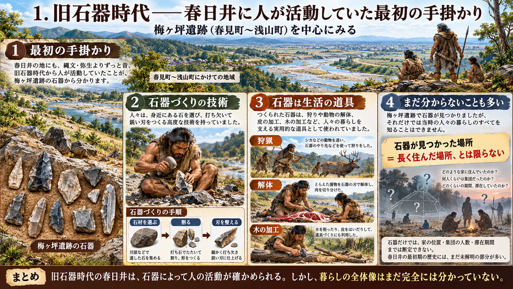 旧石器時代の春日井について、梅ヶ坪遺跡を中心に、人々の活動の手掛かりを図解した画像。春見町から浅山町周辺の風景と石器を示し、石材を選ぶ、石を割る、刃を整えるという石器づくりの工程を紹介している。完成した石器は、狩猟、獲物の解体、木の加工などに使われた可能性があることも描写。一方で、「石器が見つかった場所=長く住んだ場所とは限らない」と強調し、家の位置、集団の人数、滞在期間など、当時の暮らしにはまだ分からない点が多いことを示している。