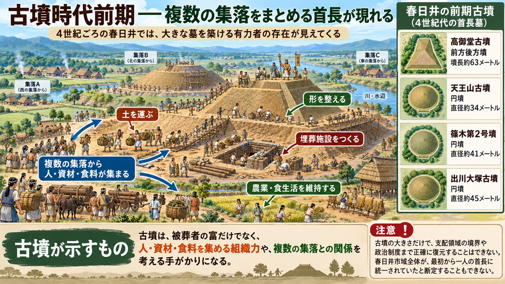 古墳時代前期の春日井を説明する図解画像。中央には、大きな前方後方墳を築く工事の様子が描かれ、複数の集落から集まった人々が土を運び、墳丘の形を整え、埋葬施設をつくっている。周囲には集落や川、水辺、農地が広がり、別の人々が農業や食生活を維持している様子も示されている。右側には「高御堂古墳」「天王山古墳」「篠木第2号墳」「出川大塚古墳」の形と規模を示す一覧があり、下部には「古墳は被葬者の富だけでなく、人・資材・食料を集める組織力や複数の集落との関係を考える手がかりになる」とまとめられている。さらに、古墳の大きさだけで支配領域や政治制度を正確に復元することはできず、春日井市域全体が最初から一人の首長に統一されていたと断定できない、という注意書きも添えられている。