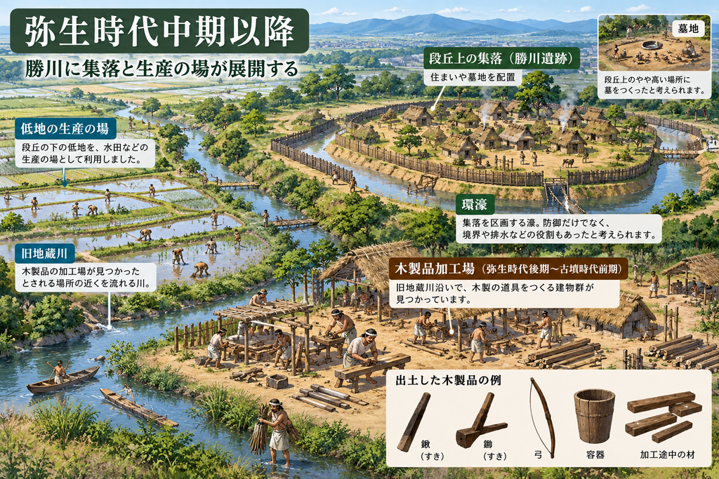 弥生時代中期以降の勝川の景観を図解した横長のイラスト。中央右には、環濠に囲まれた高まりの上の集落があり、竪穴住居が並び、人々が集落内で生活している。集落の周囲には濠がめぐり、「防御だけでなく、境界や排水の役割もあった」と説明されている。右上には、段丘上のやや高い場所に設けられた墓地の小さな挿絵がある。左側から中央下にかけては低地が広がり、水田で人々が稲作をしており、「低地の生産の場」として示されている。左下には旧地蔵川が流れ、小舟や川辺の作業風景も見える。中央下から右下には木製品加工場が描かれ、屋根付きの建物群の中で人々が木材を削り、農具や道具を製作している。右下には、出土した木製品の例として、鍬、鋤、弓、容器、加工途中の木材が並んでいる。全体として、勝川では段丘上に住居と墓地、低地に農業生産の場、川沿いに木製品加工場が展開していたことを、地形との関係を含めて視覚的に説明する構成になっている。