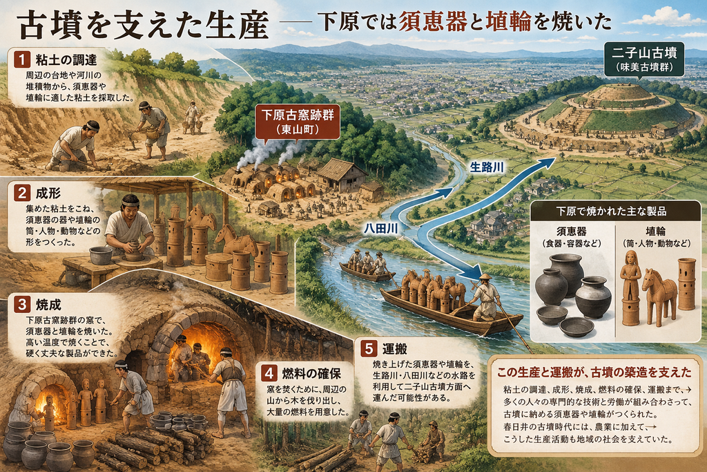 古墳づくりを支えた生産の流れを一枚で示した図解。左側では「1 粘土の調達」「2 成形」「3 焼成」の各工程が描かれ、作業者たちが台地や川沿いで粘土を採り、須恵器や人物・動物形の埴輪を作り、登り窯で焼いている。下部には「4 燃料の確保」として木を切り出す様子もある。中央には「下原古窯跡群(東山町)」の窯場が描かれ、右側へ向かって生路川・八田川の水路に沿って船で製品を運ぶ大きな矢印が伸びる。右上には運搬先として「二子山古墳(味美古墳群)」が描かれ、右下には「下原で焼かれた主な製品」として須恵器と埴輪の例が並ぶ。全体として、粘土の採取から成形・焼成・燃料確保・運搬まで、多くの人の技術と労働が古墳の築造を支えていたことを示している。