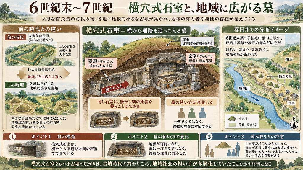 「6世紀末~7世紀――横穴式石室と、地域に広がる墓」という題名の図解。中央に、横から通路(羨道)を通って入る横穴式石室の断面図があり、奥の玄室に遺体を葬る構造や、同じ石室に後から別の死者を葬れることが示されている。左側では、前の時代の大きな首長墓から、各地に比較的小さな古墳が広がる変化を対比している。右側には、庄内川流域や段丘の縁に小古墳が分布する春日井での分布イメージ図が描かれている。下部には、①墓の構造、②墓の使い方の変化、③小古墳が増えても誰もが葬られたとは限らないという注意点、の3つのポイントが整理されている。