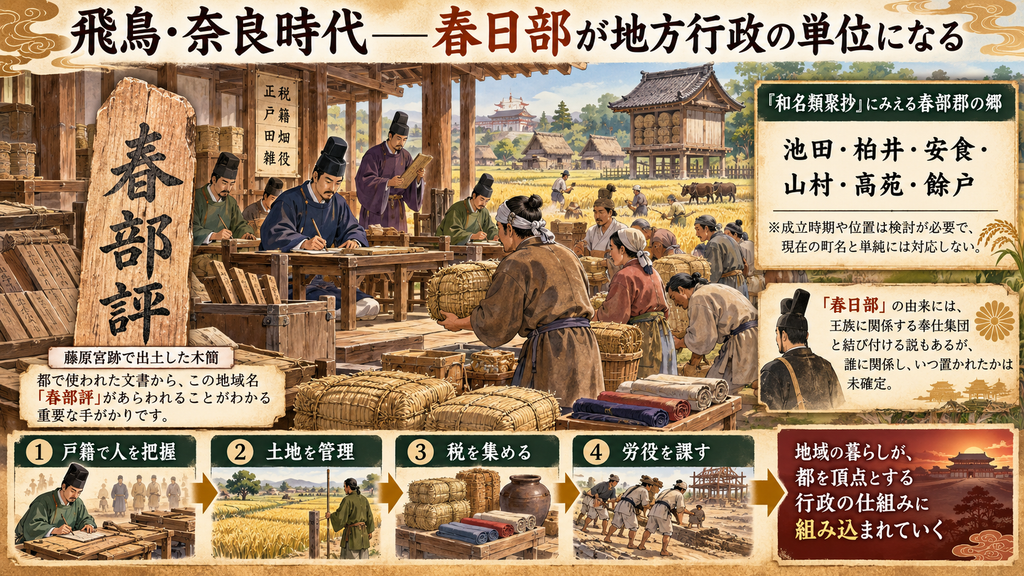 飛鳥・奈良時代の地方行政を説明する図解。中央には役所風の建物で木簡や帳簿を扱う官人たちが描かれ、手前では人々が稲や布などを納めている。左には「春部評」と大きく記した木簡が立ち、藤原宮跡から出土した文字資料として示されている。右上には『和名類聚抄』に見える春部郡の郷として「池田・柏井・安食・山村・高苑・餘戸」が掲げられ、現在の町名と単純には対応しない注意書きもある。右下には「春日部」の由来について、王族に関係する奉仕集団と結び付ける説があるが未確定と説明。下段では「①戸籍で人を把握」「②土地を管理」「③税を集める」「④労役を課す」という流れを絵入りで示し、地域の暮らしが都を頂点とする行政の仕組みに組み込まれていくことを表現している。