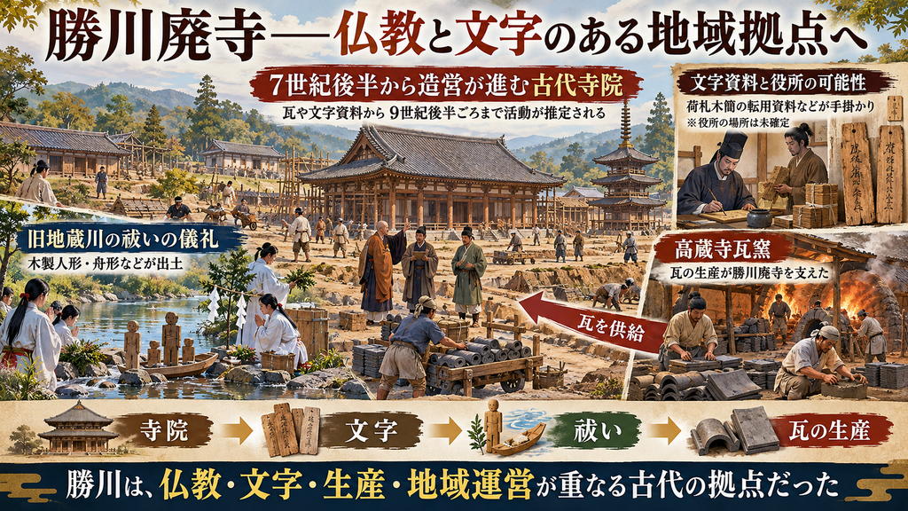 古代の勝川廃寺をテーマにした横長の図解画像。中央には、7世紀後半以降に造営が進む古代寺院のイメージとして、瓦屋根の寺院建物、塔、工事や資材運搬を行う人々、僧侶や役人風の人物が描かれている。左下には旧地蔵川の水辺で、木製人形や舟形の祭具を用いた祓いの儀礼の場面、右上には木簡や文書を扱う人物とともに文字資料・郡役所の可能性を示す場面、右下には高蔵寺瓦窯で職人たちが瓦を成形・焼成する場面が描かれ、寺院へ瓦を供給する矢印が付されている。下部には「寺院→文字→祓い→瓦の生産」という流れと、「勝川は、仏教・文字・生産・地域運営が重なる古代の拠点だった」というまとめ文が配置されている。