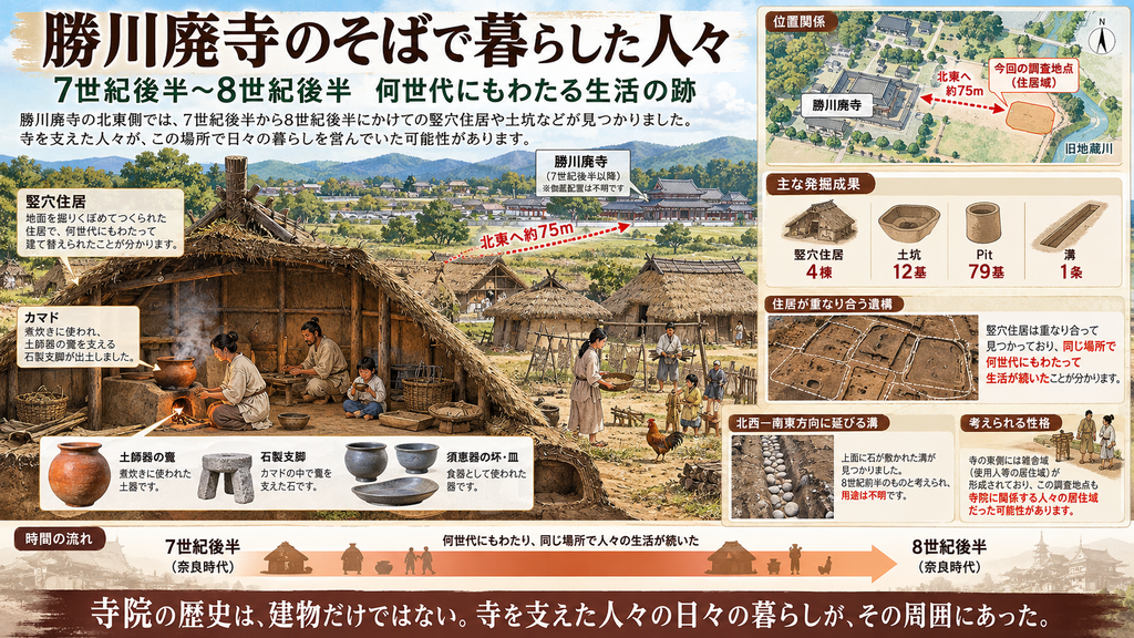 勝川廃寺の北東側で確認された奈良時代の生活跡を、発掘成果と復元イメージで示した図解。7世紀後半から8世紀後半にかけての竪穴住居が何度も建て替えられ、人々が長期間暮らしていた様子を描く。住居内ではカマドで土師器の甕を使って煮炊きし、須恵器の坏や皿で食事をする生活を再現。石製支脚、土坑、溝などの発掘成果や、寺院との位置関係も示し、勝川廃寺の周辺に寺院を支えた人々の居住域が存在した可能性を表現している。