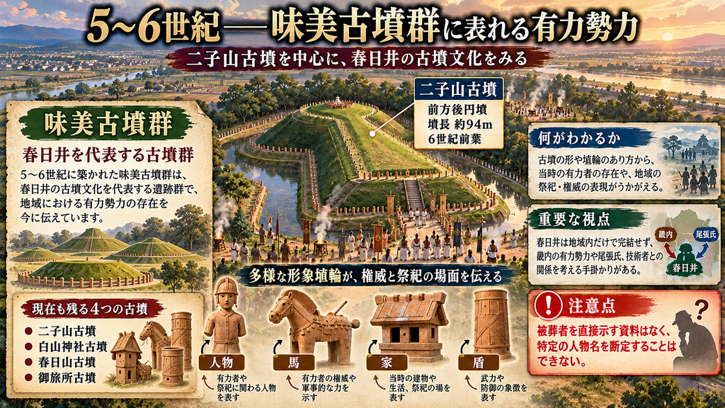 5~6世紀の春日井・味美古墳群を解説した図解。中央に6世紀前葉、墳長約94メートルの前方後円墳・二子山古墳を大きく描き、周囲で行われる儀礼の様子を表現。人物・馬・家・盾の形象埴輪を並べ、当時の有力者の権威や祭祀を示す資料であることを説明している。左側には二子山古墳、白山神社古墳、春日山古墳、御旅所古墳の4基を紹介し、右側では畿内の有力勢力や尾張氏との関係が論じられる一方、被葬者を特定する直接資料はなく、特定人物と断定できないことを強調している。