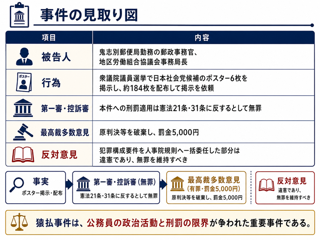 猿払事件の事件概要と裁判経過を整理した図。被告人は鬼志別郵便局勤務の郵政事務官で、地区労働組合協議会事務局長。衆議院議員選挙で日本社会党候補のポスター6枚を掲示し、約184枚を配布して掲示を依頼した。第一審・控訴審は、本件への刑罰適用が憲法21条・31条に反するとして無罪。最高裁多数意見は原判決等を破棄し、罰金5,000円を言い渡した。一方、反対意見は、犯罪構成要件を人事院規則へ一括委任した部分は違憲であり、無罪を維持すべきとした。下部には、事実から第一審・控訴審、最高裁多数意見、反対意見へと分かれる流れを示し、猿払事件が公務員の政治活動と刑罰の限界を争った重要事件であることを図示している。
