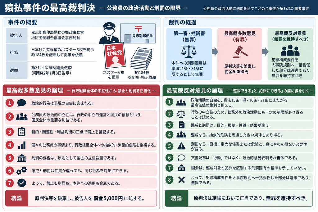 「猿払事件最高裁判決の多数意見と反対意見の論理を比較した図解。上段では、鬼志別郵便局勤務の郵政事務官が、衆議院議員選挙で日本社会党候補のポスター6枚を掲示し、約184枚を配布して掲示を依頼した事実と、第一審・控訴審が無罪、最高裁多数意見が原判決を破棄して罰金5,000円、反対意見が無罪維持を主張した裁判経過を示している。下段左の多数意見は、政治的行為が表現の自由に含まれることを認めつつ、公務員の政治的中立性、行政の中立的運営、国民の信頼を重視し、目的・関連性・利益均衡の三点から規制を正当化。個々の職務や勤務外であることより行政組織全体への抽象的・累積的危険を重視し、刑罰の要否は立法裁量、懲戒と刑罰は性質が違っても同じ行為を対象にできるとして合憲とした。下段右の反対意見は、政治活動の自由を憲法15条1項・16条・21条にまたがる重要な権利と捉え、懲戒と刑罰では目的・根拠・性質・効果が異なると整理。懲戒では抽象的危険を考慮できるが、刑罰には直接・重大な侵害や危険と真にやむを得ない必要性が必要であり、文書配布は政治的意見表明そのものだとする。さらに、懲戒対象と犯罪を区別する基準を国会が示さないまま人事院規則へ一括委任した部分は違憲であり、無罪を維持すべきと結論づけている。」