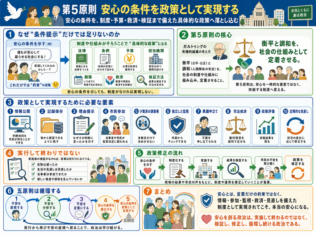 「『第5原則 安心の条件を政策として実現する』をテーマにした日本語インフォグラフィック。副題は『安心の条件を、制度・予算・救済・検証まで備えた具体的な政策へ落とし込む』。全体は青・緑・オレンジを基調とし、上部には白い鳩、市民、国会議事堂、街並みのイラストが配置されている。右上には『市民とともに創る政治』と書かれた看板がある。全体は1から7までの欄で構成され、安心の条件を示すだけでなく、制度として実行し、検証し、修正し、循環させることの重要性を説明している。**
第1欄『なぜ“条件提示”だけでは足りないのか』では、左側に『安心の条件を示す(例)』という枠があり、その中に『誰もが安心して暮らせる社会にする!』という大きな吹き出しがある。その下には市民二人のイラストがあり、一人が『実現してくれるのかしら…?』と不安そうに話している。左下には『これだけでは“約束”の段階』とあり、困った表情の顔マークが添えられている。中央から右へ青い矢印が伸び、その先に『制度や仕組みがそろうことで“具体的な政策”になる』という緑色の大きな枠がある。枠の中には6つの要素が並び、順に『法律』=根拠となる法律をつくる、『条例』=地域の実情に合わせて定める、『予算』=必要な財源を確保する、『担当機関』=責任を持つ機関を決める、『期限』=いつまでに実施するか決める、『救済』=被害や損害を救済する仕組みをつくる、『検証方法』=結果を検証する方法を定める、という説明が添えられている。欄の最下部には『安心の条件を示しても、制度がなければ実現しない。』とまとめられている。
第2欄『第5原則の核心』では、左に『ガルトゥングの有機的組織の考え方』とあり、ヨハン・ガルトゥング風の人物イラストと天秤のマークが描かれている。説明文には『衡平(公平・公正)と調和(人間関係の安定)を、社会の制度や仕組みに組み込み、定着させること。』とある。中央には握手のマークがあり、そこから右へ矢印が伸びる。右側には大きく『衡平と調和を、社会の仕組みとして定着させる。』と書かれ、その下に多様な市民のイラストが並んでいる。欄の下部には『第5原則は、安心を一時的な善意ではなく、持続する制度へ変える。』と示されている。
第3欄『政策として実現するために必要な要素』では、10個の青い小枠が横並びで配置されている。1つ目『情報公開』は、資料と虫眼鏡の絵とともに『判断材料を市民が知ることができる』。2つ目『記録保存』は、フォルダとデータベースの絵とともに『後から検証できるように残す』。3つ目『理由提示』は、クリップボードと鉛筆の絵とともに『なぜその判断に至ったかを示す』。4つ目『市民参加』は、話し合う人びとの絵とともに『当事者や市民が意思決定に関われる』。5つ目『少数派の調査権』は、虫眼鏡と複数人の絵とともに『多数派だけで決めさせない』。6つ目『独立した監視』は、盾のマークとともに『外部からチェックできる』。7つ目『異議申立て』は、手を挙げる人物と封筒の絵とともに『不服を申し立てられる』。8つ目『司法救済』は、天秤の絵とともに『権利侵害を裁判で正せる』。9つ目『政策評価』は、上向きグラフの絵とともに『実施結果を測る』。10個目『定期的な見直し』は、循環矢印の絵とともに『状況の変化に応じて修正する』と書かれている。安全保障や行政だけでなく、あらゆる政策に必要な制度的要素を一覧で示した欄である。
第4欄『実行して終わりではない』では、左側にチェック付きのクリップボードのイラストがあり、その横に『実施後の検証がなければ、政策は形だけになりうる。』と書かれている。下には4つの確認項目がチェックリスト形式で並び、『危険は減ったか』『生活の見通しは改善したか』『当事者は参加できたか』『新しい格差や排除を生んでいないか』と示されている。右側には市民三人と街並みのイラストがあり、政策の効果を市民の生活の中で確認することを表している。
第5欄『政策修正の流れ』では、安心の条件を政策にし、検証し、修正していく流れが左から右へ矢印で整理されている。1つ目『安心の条件を示す』では、両手でハートを支えるマークが描かれている。2つ目『制度化する』では、木づちと文書の絵があり、法律や条例などの制度にすることを示す。3つ目『実施する』では、公共施設の建物と市民の絵があり、政策を現場で実行することを表している。4つ目『結果を検証する』では、虫眼鏡と棒グラフの絵があり、実施後の効果確認を示す。5つ目『市民の不安を再び聞く』では、市民二人の吹き出しがあり、現場の声を再度集めることを示す。6つ目『政策を修正する』では、循環矢印のマークがあり、制度や運用を見直すことを表している。欄の下部には『現場の結果や市民の声をもとに、制度や運用を修正していくことが重要。』とまとめられている。
第6欄『五原則は循環する』では、五つの原則が円環のようにつながって示されている。1つ目『不安を直視する』、2つ目『不安を分析する』、3つ目『不安を言葉にする』、4つ目『安心の条件を提示する』、5つ目『安心の条件を政策として実現する』が、それぞれ異なる色の円の中に書かれ、青い矢印で順につながれている。最下部には『実行から再び不安の直視へ戻ることで、政治は学び続ける。』とあり、5原則が一方向の作業ではなく、循環的に改善される政治プロセスであることを示している。
第7欄『まとめ』では、家族や高齢者を含む多様な市民のイラスト、虹、盾、ハートのマークが描かれている。右側には二つの大きなまとめ文があり、上段には『安心とは、言葉だけの約束ではなく、情報・参加・監視・救済・見直しを備えた制度として実現されてこそ、本当の安心になる。』と書かれている。下段には赤いハートのアイコンとともに『安心を創る政治は、実施して終わるのではなく、検証し、修正し、循環し続ける政治である。』と強調されている。全体としてこの画像は、第5原則「安心の条件を政策として実現する」を、制度化、予算化、実施、検証、修正、再循環という流れで整理し、衡平と調和を一時的な善意ではなく、社会の仕組みとして持続させるための有機的組織と政策過程を分かりやすく図解した教育用インフォグラフィックである。」