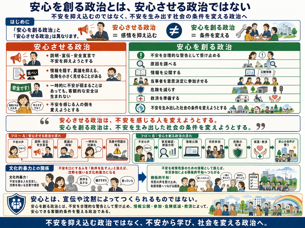 『安心を創る政治とは、安心させる政治ではない』をテーマにした日本語インフォグラフィック。副題は『不安を抑え込むのではなく、不安を生み出す社会の条件を変える政治へ』。全体は赤と緑を対比色として使い、『安心させる政治』と『安心を創る政治』の違いを、情報公開、市民参加、文化的暴力、積極的平和の観点から整理している。
最上部の『はじめに』では、『「安心を創る政治」と「安心させる政治」は異なります』と示し、中央に大きな「≠」記号を配置している。左側にはメガホンを持つ政治家とともに『安心させる政治=感情を抑え込む』、右側には市民と話し合う政治家や医療施設のイラストとともに『安心を創る政治=条件を変える』と示している。
左上の赤い大枠『安心させる政治』では、第一に、政治家が説明、宣伝、安全宣言によって市民の不安を抑えようとする様子が描かれている。第二に、文書にバツ印や『隠ぺい』の表示があり、情報を隠す、異議を抑える、危険を小さく見せることがあると説明している。第三に、『安全です!』という看板を掲げる政治家と不安そうな市民のイラストを使い、一時的に不安が弱まることはあっても、客観的な安全そのものは生まれないことを示している。第四に、『我慢すれば大丈夫』『考えすぎでは?』といった吹き出しとともに、不安を感じている人の側を変えようとすることが特徴として整理されている。
右上の緑の大枠『安心を創る政治』では、安心をつくるための六つの行動を段階的に示している。①市民の不安を合理的な警告として受け止める。②虫眼鏡を使って不安の原因を調べる。③行政文書やデータを公開して必要な情報を市民が確認できるようにする。④当事者や市民を意思決定に参加させる。⑤盾や安全施設のイラストとともに、実際の危険を減らす。⑥救急車、車いす利用者、ハートを支える手のイラストとともに、問題が起きた場合の保護と救済を準備する。最後には、街や住宅のイラストとともに『不安を生み出した社会の条件を変えようとする』とまとめられている。
中央には大きな引用形式で、『安心させる政治は、不安を感じる人を変えようとする。安心を創る政治は、不安を生み出した社会の条件を変えようとする。』という核心的な違いが赤字と緑字で強調されている。
中段左の『フローA:安心させる政治の流れ』では、左から『不安の声』→『説明・宣伝・安全宣言』→『異議の抑制』→『一時的な沈静化』→『危険や問題は残る』という流れが矢印で示されている。市民が『不安です』と声を上げても、宣伝や説明だけで抑え込まれ、問題の根本原因が残るため、見かけ上は静かになっても安心は実現しない構造を示している。
中段右の『フローB:安心を創る政治の流れ』では、『不安の声』→『事実確認・原因分析』→『情報公開』→『市民参加』→『危険の低減』→『保護・救済』→『安心の条件が整う』という流れを図示している。市民の不安を否定せず、政策改善のための情報として扱うことで、客観的な安心の条件へ結びつける仕組みを表している。
下段左の『文化的暴力との関係』では、文化的暴力を『不安を語る人を否定し、沈黙を強いる言葉や慣習』として説明している。『秩序を乱すな』『騒ぎすぎだ』『黙っていろ』などの言葉が吹き出しで描かれ、不安を口にする市民を『秩序を乱す人』と扱うことで、声を上げにくくし、沈黙を強いることが文化的暴力につながると示している。
その右側では、青い矢印の先に『不安を政策改善のための情報として扱えば、市民参加による積極的平和へつながる』と書かれている。多様な市民が対話し、『話してよかった』『一緒に考えよう』『制度を良くしよう』といった吹き出しを交わし、政策改善のチェックリストや暮らしやすい地域のイラストへつながっている。不安を抑えるのではなく、市民の声として受け止め、制度改善へ結びつけることが積極的平和につながるという対比を示している。
最下部の大きなまとめ欄では、盾と市民のアイコンとともに、『安心とは、宣伝や沈黙によってつくられるものではない。』と強調している。続けて、『安心を創る政治とは、不安を合理的な警告として受け止め、情報公開・参加・危険低減・救済によって、安心できる客観的条件を整える政治である。』とまとめている。右側には、多世代の市民が暮らす街、医療施設、住宅、虹のイラストが描かれている。
画像最下部の濃い青の帯には、『不安を抑え込む政治ではなく、不安から学び、社会を変える政治へ。』というメッセージが大きく配置されている。全体としてこの画像は、『安心させる政治』が市民の感情や発言を変えようとするのに対し、『安心を創る政治』は不安を生み出した制度、情報の不足、危険、救済の欠如など社会の条件そのものを変えようとすること、そして後者が文化的暴力を減らし、市民参加による積極的平和へつながることを視覚的に説明したインフォグラフィックである。」**