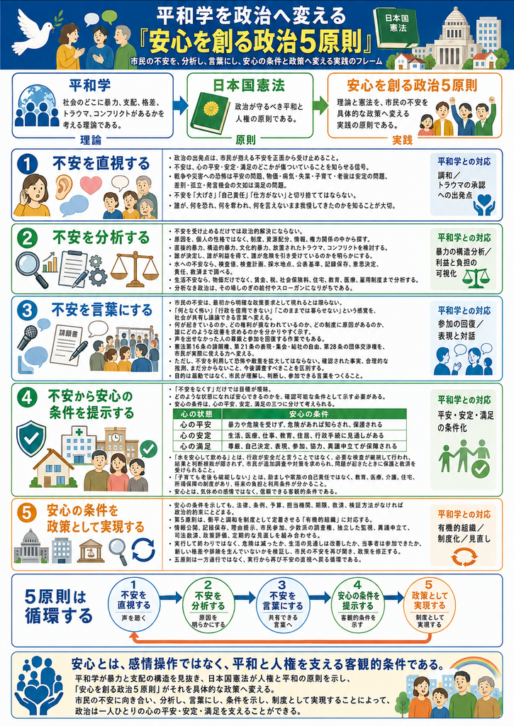 「『平和学を政治へ変える「安心を創る政治5原則」』をテーマに、平和学、日本国憲法、市民の不安、政策形成の関係を整理した詳細なインフォグラフィック。最上部には大きく『平和学を政治へ変える「安心を創る政治5原則」』とあり、その下に『市民の不安を、分析し、言葉にし、安心の条件と政策へ変える実践のフレーム』という趣旨が示されている。上段には、左から『平和学』『日本国憲法』『安心を創る政治5原則』の三つの枠が矢印でつながり、平和学は社会のどこに暴力・支配・格差・トラウマ・コンフリクトがあるかを考える理論、日本国憲法は政治が守るべき平和と人権の原則、安心を創る政治5原則はそれらを市民の不安から具体的な政策へ変える実践の原則として整理されている。**
第1欄『不安を直視する』では、耳を傾ける人物、ハート、吹き出し、市民のイラストとともに、政治の出発点は市民の不安を正面から受け止めることだと説明している。不安は心の平安・安定・満足のどこかが傷ついていることを知らせる信号であり、戦争や災害への恐怖は心の平安、物価・病気・失業・子育て・老後の心配は心の安定、差別・孤立・発言機会の欠如は心の満足の問題として整理されている。また、『大げさだ』『自己責任だ』『仕方がない』と切り捨てるのではなく、誰が何を恐れ、何を奪われ、何を言えずに我慢してきたのかを知ることが重要と示している。右側には平和学との対応として『調和/トラウマの承認への出発点』と書かれている。
第2欄『不安を分析する』では、虫眼鏡、グラフ、文書、歯車、天秤などのイラストを使い、不安の原因を本人の性格だけでなく、制度、資源配分、情報、権力関係の中から探す必要があると説明している。直接的暴力、構造的暴力、文化的暴力、放置されたトラウマ、コンフリクトを検討し、誰が決定し、誰が利益を得て、誰が危険や負担を引き受けているかを明らかにする。具体例として、水への不安なら検査値だけでなく、検査計画、採水地点、公表基準、記録保存、意思決定、責任、救済まで調べ、生活不安なら物価だけでなく、賃金、税、社会保険料、住宅、教育、医療、雇用制度まで分析すると示している。右側には『暴力の構造分析/利益と負担の可視化』とあり、分析なき政治は一時的な給付やスローガンに終わりやすいことを示している。
第3欄『不安を言葉にする』では、マイク、請願書、吹き出し、集会、市民のイラストを使い、『何となく怖い』『行政を信用できない』『このままでは暮らせない』という感覚を、社会が共有し議論できる言葉へ変えることを説明している。何が起きているのか、どの権利が損なわれているのか、どの制度に原因があるのか、誰にどのような改善を求めるのかを分かりやすく示すことが重要とされる。さらに、憲法第16条の請願権、第21条の表現・集会・結社の自由、第28条の団体交渉権などを、市民が実際に使える力へ変えることとも結び付けている。一方で、不安を煽るのではなく、確認された事実、合理的な推測、まだ分からないこと、今後調べるべきことを区別する必要があると示している。右側には『参加の回復/表現と対話』という平和学との対応が記されている。
第4欄『不安から安心の条件を提示する』では、盾、病院、住宅、時計、家族などのイラストとともに、『不安をなくす』という曖昧な目標ではなく、どのような状態になれば安心できるのかを確認可能な条件として示す必要があると説明している。中央には表があり、心の平安の安心条件は『暴力や危険を受けず、危険があれば知らされ、保護される』、心の安定は『生活、医療、仕事、教育、住居、行政手続に見通しがある』、心の満足は『尊厳、自己決定、表現、参加、協力、異議申立てが保障される』と整理されている。具体例として、『水を安心して飲める』とは行政が安全と言うだけでなく、必要な検査が継続され、結果と判断根拠が公開され、市民が追加調査や対策を求められ、問題時に保護と救済を受けられること、『子育ても老後も破綻しない』とは励ましではなく、教育・医療・介護・住宅・所得保障の制度と利用条件が分かることだと示している。右側には『平安・安定・満足の条件化』と書かれている。
第5欄『安心の条件を政策として実現する』では、国会議事堂、行政庁舎、裁判所、虫眼鏡、循環矢印などのイラストとともに、安心の条件を法律、条例、予算、担当機関、期限、救済、検証方法まで制度化する必要があると説明している。情報公開、記録保存、理由提示、市民参加、少数派の調査権、独立した監視、異議申立て、司法救済、政策評価、定期的な見直しを組み合わせることを示している。さらに、政策を実施して終わりではなく、危険は減ったか、生活の見通しは改善したか、当事者は参加できたか、新しい格差や排除を生んでいないかを再検証し、市民の不安を再び聞いて政策を修正するとしている。右側には平和学との対応として『有機的組織/制度化/見直し』と示されている。
下段には『5原則は循環する』という大きな流れ図があり、①不安を直視する=声を聴く、②不安を分析する=原因を明らかにする、③不安を言葉にする=共有できる言葉にする、④安心の条件を提示する=客観的条件を示す、⑤政策として実現する=制度として実現する、という5段階が矢印でつながっている。第5原則の実施から再び第1原則へ戻るオレンジ色の循環矢印が描かれ、五原則は一方通行ではなく、政策実施後も市民の不安を聞き直し、分析し、修正を続ける循環型の政治プロセスであることを示している。
最下部のまとめでは、多様な市民とハートを支える手、虹のある街のイラストとともに、『安心とは、感情操作ではなく、平和と人権を支える客観的条件である』と大きく示している。その下に、平和学が暴力と支配の構造を見抜き、日本国憲法が人権と平和の原則を示し、『安心を創る政治5原則』がそれを具体的な政策へ変えること、市民の不安に向き合い、分析し、言葉にし、条件を示し、制度として実現することによって、政治は一人ひとりの心の平安・安定・満足を支えることができるとまとめている。全体として、平和学と憲法の理念を、市民の不安を起点とした具体的な政策形成へ接続するための五段階の実践モデルを視覚化したインフォグラフィック。」