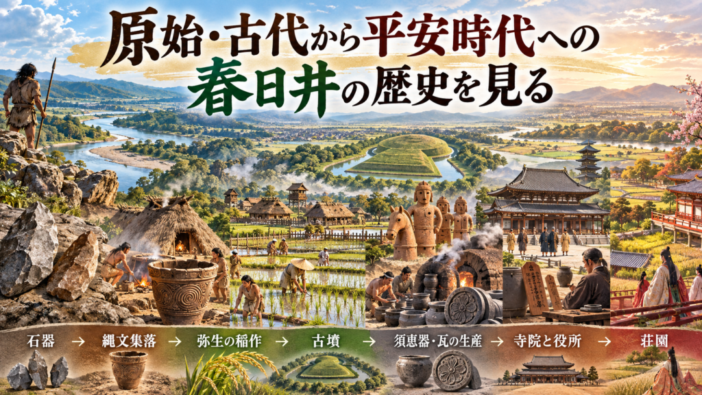 旧石器時代から平安時代までの春日井の歴史を、一枚の時代絵巻として表現したアイキャッチ画像。石器を使う人々、縄文土器と竪穴住居、弥生時代の稲作、古墳と埴輪、須恵器・瓦の生産、古代寺院と地方行政、平安時代の荘園へと社会が変化していく様子を描いている。背景には庄内川流域や台地、集落、田園が広がり、「原始・古代から平安時代への春日井の歴史を見る」というタイトルが大きく配置されている。