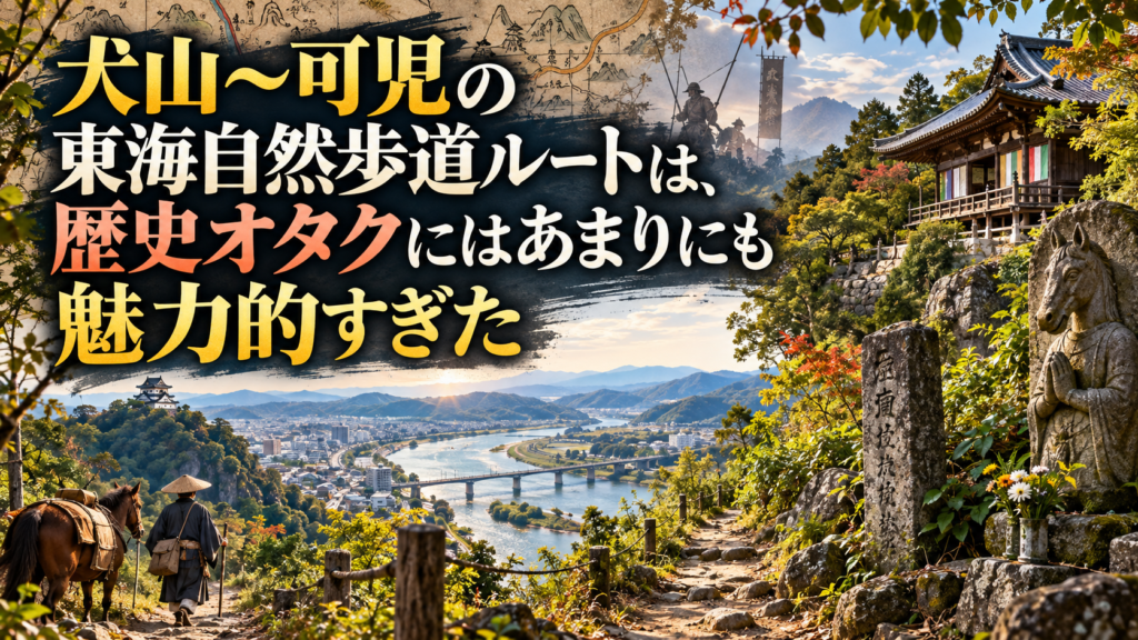 木曽川と犬山城下を見下ろす山道の絶景を背景に、右側には山寺風の建物、石仏、石碑、左下には旅人と馬が描かれた、歴史ロマンあふれるアイキャッチ画像。上部には古地図や武者のシルエットが重なり、犬山から可児へ続く東海自然歩道が古代から近世までの歴史街道であることを印象づけている。左側に大きく「犬山~可児の東海自然歩道ルートは、歴史オタクにはあまりにも魅力的すぎた」と配置されたデザイン。