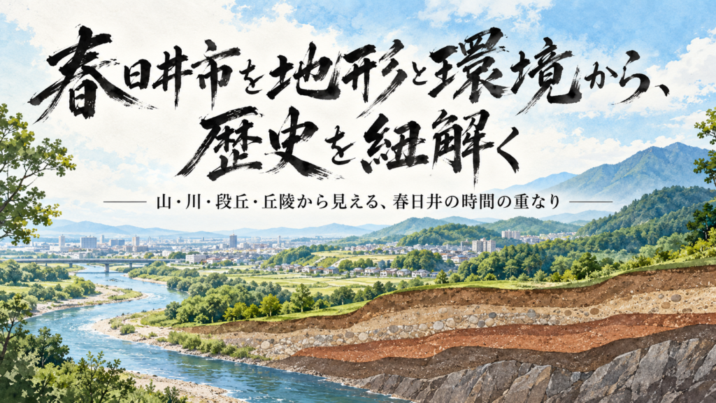 春日井市の地形と環境から歴史を読み解くことをテーマにしたアイキャッチ画像。上部に、添付の手書き文字を参考にした力強い筆文字で「春日井市を地形と環境から、歴史を紐解く」と大きく表示している。中央には「山・川・段丘・丘陵から見える、春日井の時間の重なり」という副題。背景には、右側の山地・丘陵から左側の市街地・低地へ続く春日井の景観を描き、庄内川が流れる様子を表現している。画面下部では地面を断面化し、礫・砂・粘土などが積み重なった地層を見せることで、現在の春日井のまちが長い地質の歴史の上に成り立っていることを示している。全体は水彩画調で、青空、緑の山並み、川、市街地、地層を組み合わせた構成。