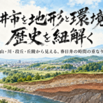 春日井市の地形と環境から歴史を読み解くことをテーマにしたアイキャッチ画像。上部に、添付の手書き文字を参考にした力強い筆文字で「春日井市を地形と環境から、歴史を紐解く」と大きく表示している。中央には「山・川・段丘・丘陵から見える、春日井の時間の重なり」という副題。背景には、右側の山地・丘陵から左側の市街地・低地へ続く春日井の景観を描き、庄内川が流れる様子を表現している。画面下部では地面を断面化し、礫・砂・粘土などが積み重なった地層を見せることで、現在の春日井のまちが長い地質の歴史の上に成り立っていることを示している。全体は水彩画調で、青空、緑の山並み、川、市街地、地層を組み合わせた構成。