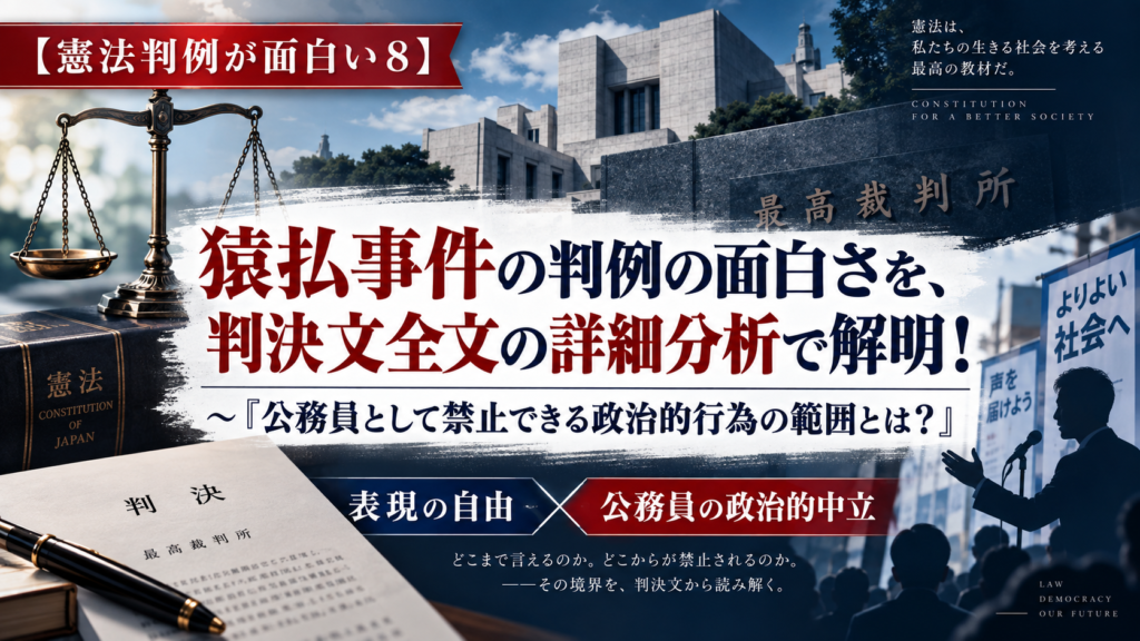 猿払事件最高裁判決を題材に、『公務員として禁止できる政治的行為の範囲とは何か』を考える憲法判例解説のアイキャッチ画像。最高裁判所の建物、天秤、憲法書、判決文、演説する人物などを配置し、中央に『猿払事件の判例の面白さを、判決文全文の詳細分析で解明!』と大きく表示している。下部では『表現の自由』と『公務員の政治的中立』を対置し、政治的行為をどこまで保障し、どこから禁止できるのかという猿払事件の核心的争点を視覚化している。『憲法判例が面白い8』シリーズの一記事であることも示している。