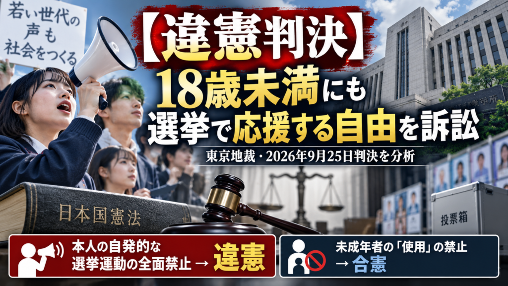 「【違憲判決】18歳未満にも選挙で応援する自由を訴訟」と大きく表示したアイキャッチ画像。東京地裁の建物を背景に、メガホンで声を上げる若者たち、投票箱、裁判官の木槌、日本国憲法の本を配置。下部に「本人の自発的な選挙運動の全面禁止→違憲」「未成年者の『使用』の禁止→合憲」と、2026年9月25日の東京地裁判決の核心を対比して示している。