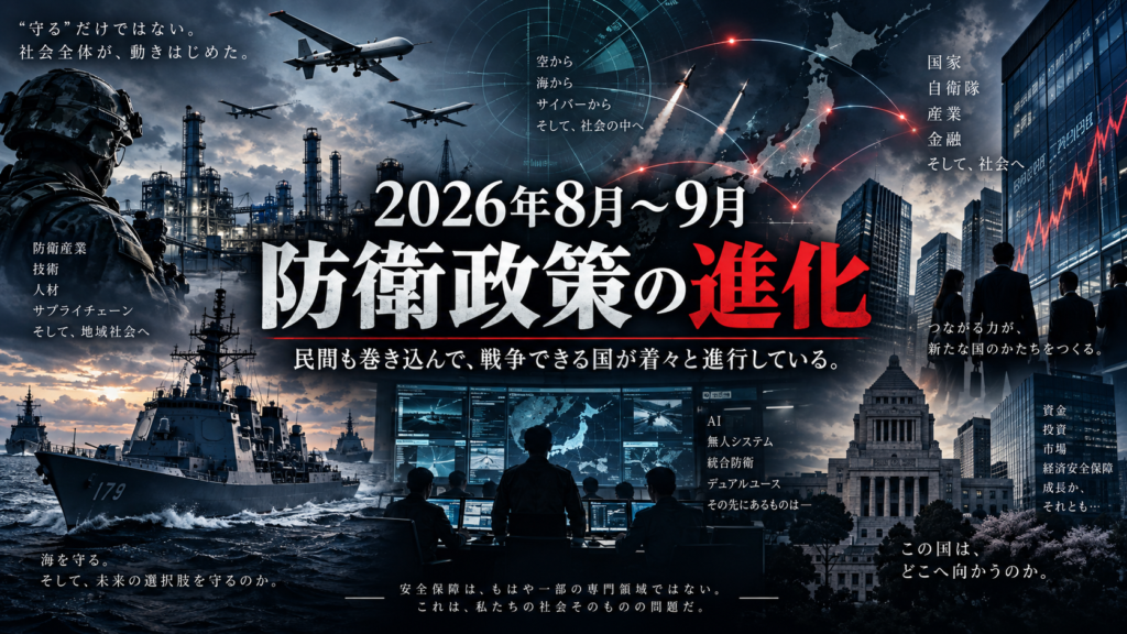 2026年8月～9月　防衛政策の進化」と大きく表示したアイキャッチ画像。中央に赤字で「進化」、その下に「民間も巻き込んで、戦争できる国が着々と進行している。」と記載。背景には自衛隊員、艦艇、無人機、ミサイル、AI・指揮統制システム、日本地図、国会議事堂、企業ビルや金融市場を配置し、防衛政策が兵器や自衛隊だけでなく、防衛産業、技術、人材、サプライチェーン、金融、地域社会へ広がっていく構造を表現している。