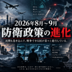 2026年8月～9月　防衛政策の進化」と大きく表示したアイキャッチ画像。中央に赤字で「進化」、その下に「民間も巻き込んで、戦争できる国が着々と進行している。」と記載。背景には自衛隊員、艦艇、無人機、ミサイル、AI・指揮統制システム、日本地図、国会議事堂、企業ビルや金融市場を配置し、防衛政策が兵器や自衛隊だけでなく、防衛産業、技術、人材、サプライチェーン、金融、地域社会へ広がっていく構造を表現している。