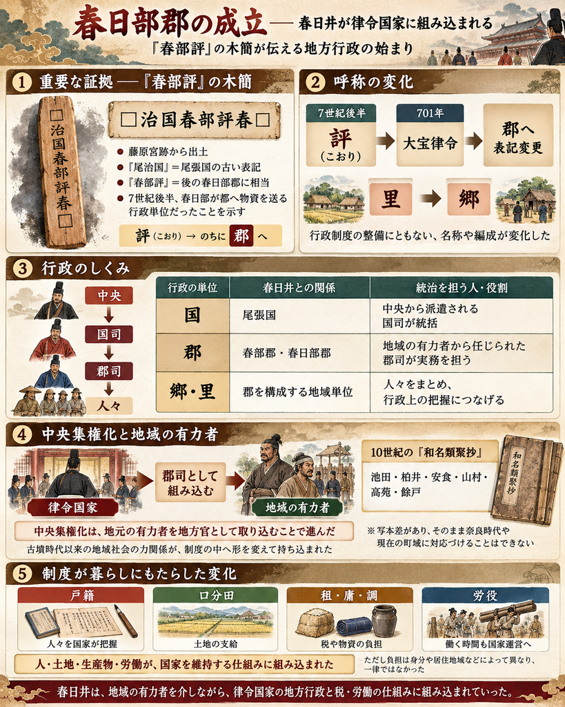 春日井の古代史「春日部郡の成立」を解説する図解。藤原宮跡から出土した「春部評」の木簡、701年の大宝律令による評から郡への変化、中央・国司・郡司・人々の行政組織、地域の有力者を地方官に組み込む仕組み、戸籍・口分田・租庸調・労役を通じて律令国家の統治が人々の暮らしに及んだ過程を示す。