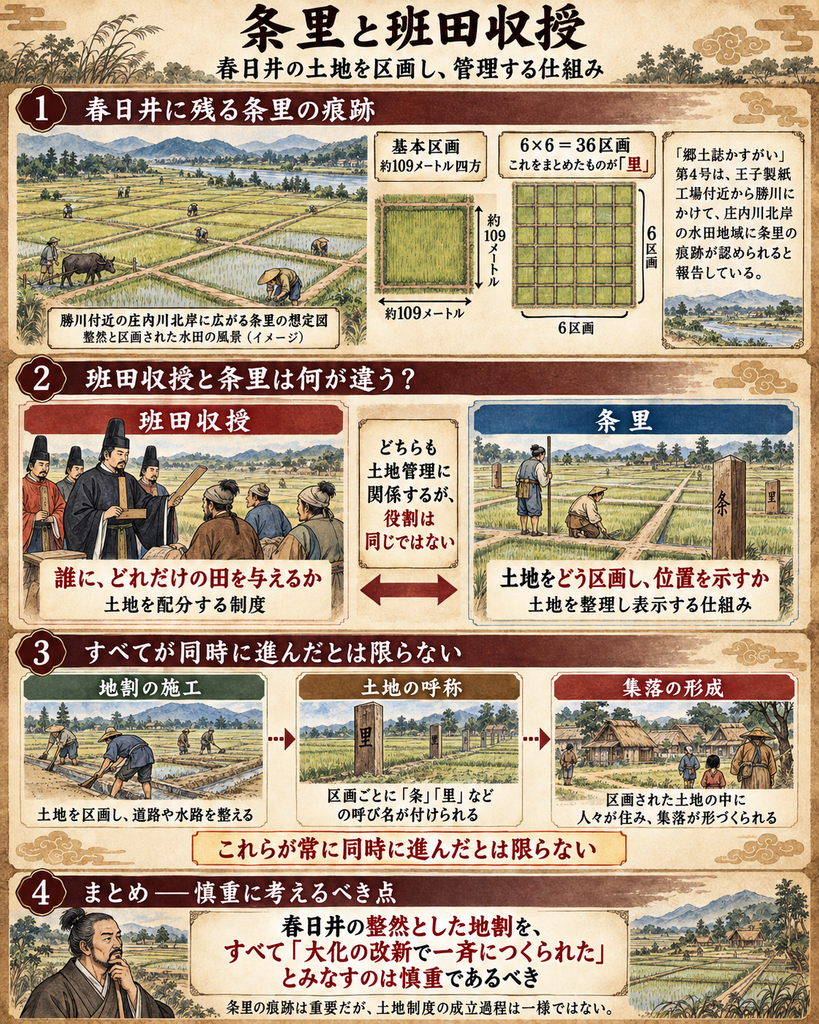 条里と班田収授の違いを解説する図解。上段では、春日井に残る条里の痕跡として、勝川付近の庄内川北岸に広がる整然と区画された水田のイメージ、約109メートル四方の基本区画、6×6で36区画をまとめた「里」の模式図を示し、『郷土誌かすがい』第4号が条里の痕跡を報告していることを紹介。中段では、班田収授は「誰にどれだけの田を与えるか」という土地配分の制度、条里は「土地をどう区画し、位置を示すか」という整理・表示の仕組みであり、どちらも土地管理に関係するが役割は同じではないことを対比。下段では、地割の施工、土地の呼称、集落の形成が常に同時に進んだとは限らないことを図示し、まとめとして、春日井の整然とした地割をすべて「大化の改新で一斉につくられた」とみなすのは慎重であるべきだと強調している。