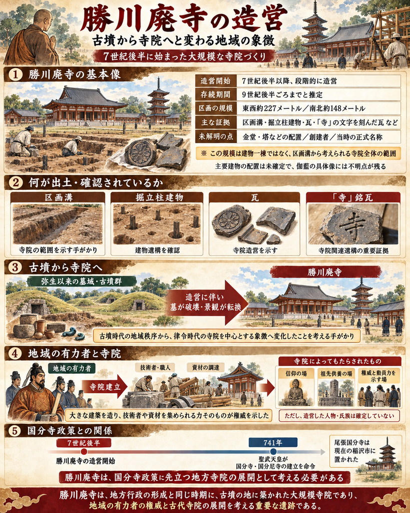 勝川廃寺の造営を解説する図解。7世紀後半に始まった大規模寺院づくりとして、造営開始・存続期間・区画規模・主な証拠・未解明の点を表で整理し、区画溝、掘立柱建物、瓦、「寺」と刻まれた銘瓦の出土を示す。さらに、弥生以来の墓域・古墳群が寺院造営によって転換したこと、地域の有力者が技術者や資材を動員して寺院を建立し、信仰・祖先供養・権威の場として機能したことを図解。最後に、勝川廃寺の造営が741年の国分寺政策より前に始まっており、地方寺院の先行的展開として位置づけられることを年表で示している。