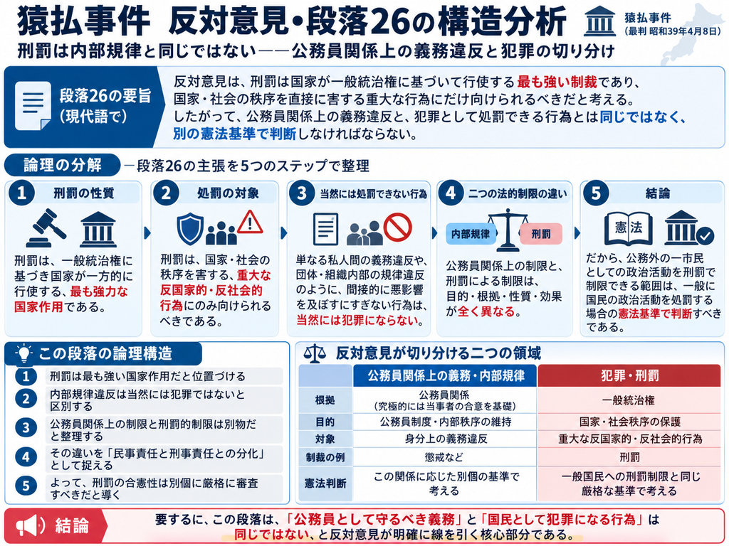 猿払事件最高裁判決の反対意見・段落26について、公務員関係上の義務違反と犯罪・刑罰を区別する論理を整理した図解。反対意見は、刑罰を一般統治権に基づいて国家が国民に一方的に行使する最も強力な制裁と位置づけ、国家・社会の秩序を直接害する重大な反国家的・反社会的行為に向けられるべきだとする。他方、私人間の義務違反や組織内部の規律違反のように、国家・社会への悪影響が間接的なものにとどまる行為は、当然には犯罪にならないと整理する。図では、①刑罰の性質、②刑罰の対象となる重大な行為、③内部規律違反は当然には犯罪にならないこと、④公務員関係上の制限と刑罰による制限は目的・根拠・性質・効果が異なること、⑤公務外の一市民としての政治活動を処罰する場合は一般国民に刑罰を科す場合と同じ憲法基準で判断すべきこと、という5段階に分解している。下部の比較表では、『公務員関係上の義務・内部規律』と『犯罪・刑罰』を、根拠、目的、対象、制裁、憲法判断の各面から対比し、この違いを反対意見が『民事責任と刑事責任との分化』として捉えていることを示している。結論として、『公務員として守るべき義務』と『国民として犯罪になる行為』は同じではなく、刑罰については別個でより厳格な憲法審査が必要だという反対意見の核心を表している。