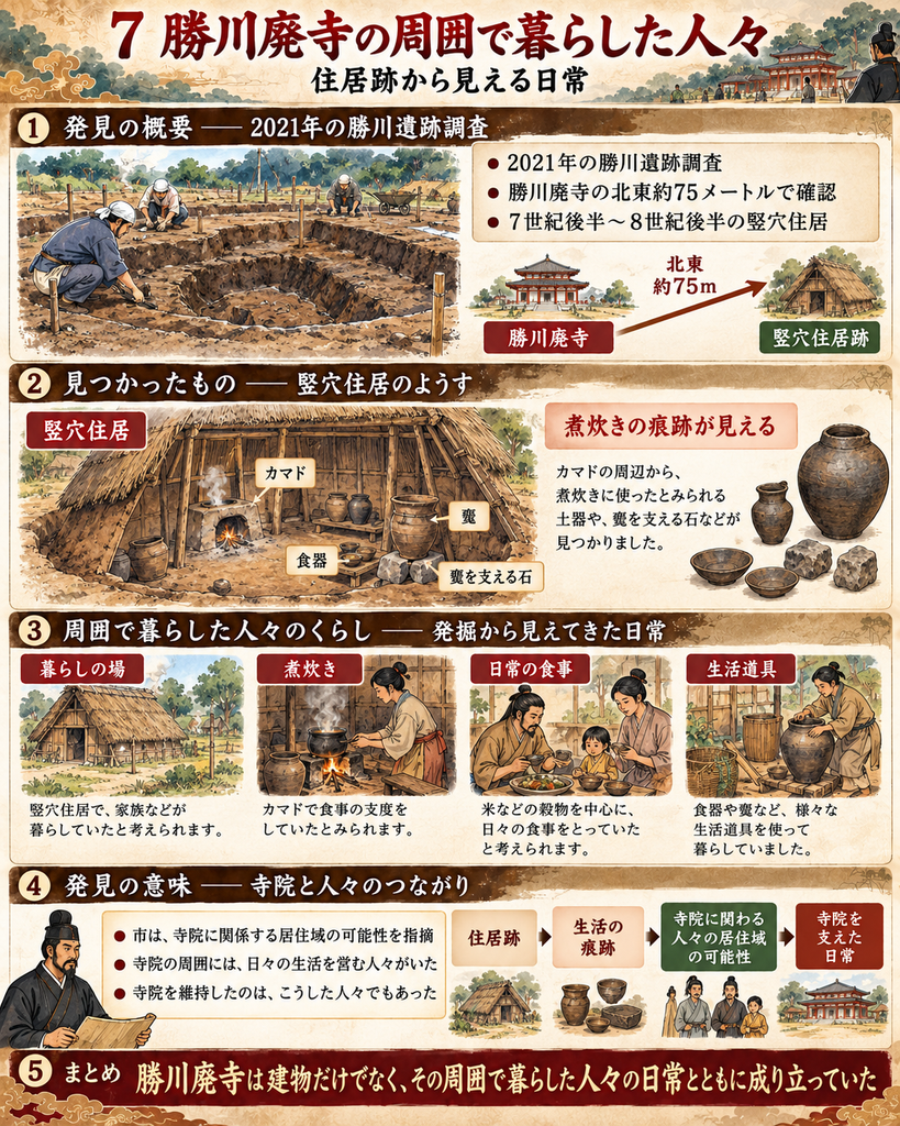 勝川廃寺の周囲で暮らした人々の生活を解説する図解。2021年の勝川遺跡調査で、勝川廃寺の北東約75メートルから7世紀後半～8世紀後半の竪穴住居跡が確認されたことを示し、発掘現場の様子、カマド・甕・食器・甕を支える石などの出土品、竪穴住居の内部イメージ、煮炊きや食事、生活道具を使う人々の日常場面を配置。住居跡と生活の痕跡から、寺院に関わる人々の居住域だった可能性があり、勝川廃寺は建物だけでなく周囲で暮らした人々の日常によって支えられていたことをまとめている。