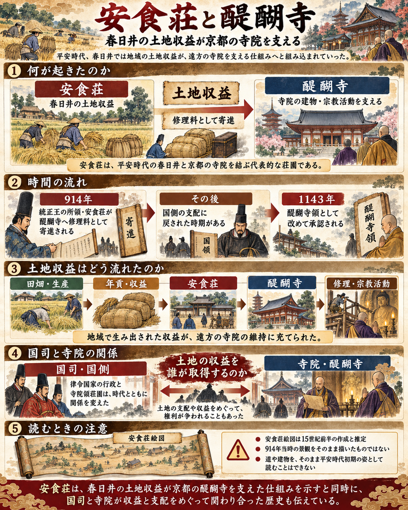 平安時代の安食荘と京都・醍醐寺の関係を解説する歴史図解。914年に統正王の所領だった安食荘が醍醐寺へ修理料として寄進され、その後、国側の支配に戻された時期を経て、1143年に再び醍醐寺領として承認された経緯を示す。田畑の生産から年貢・土地収益、寺院の修理・宗教活動へとつながる仕組み、国司と寺院による土地支配と収益をめぐる関係、15世紀前半の安食荘絵図を914年当時の景観と混同してはならない点も説明している。
