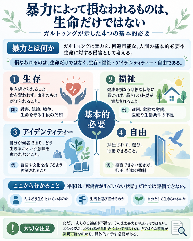 ガルトゥングの平和学における「暴力によって損なわれる4つの基本的必要」を解説した図解。中央の「基本的必要」を囲む形で、①生存（戦争・殺害・飢餓）、②福祉（貧困・危険な労働・医療不足）、③アイデンティティー（言語や文化の放棄の強制）、④自由（抑圧・行動の強制）を具体例とともに整理。平和とは単に死傷者が出ていない状態ではなく、生命、健康、尊厳、自己決定が保障される状態であることを示す。さらに、暴力を判断する際には、損なわれた必要、その原因となる行為や社会構造、実現可能な改善策を具体的に検討する必要があると説明している。