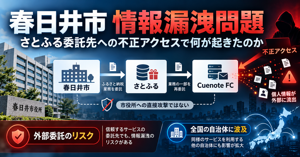 春日井市の情報漏洩問題を解説する図解。春日井市からふるさと納税サイト「さとふる」、メール配信サービス「Cuenote FC」へとつながる外部委託の構造を示す。Cuenote FCへの不正アクセスによって個人情報が流出し、全国の自治体へ影響が波及したことを説明。春日井市役所への直接攻撃ではなく、外部委託先の情報管理にリスクがあることを強調している。