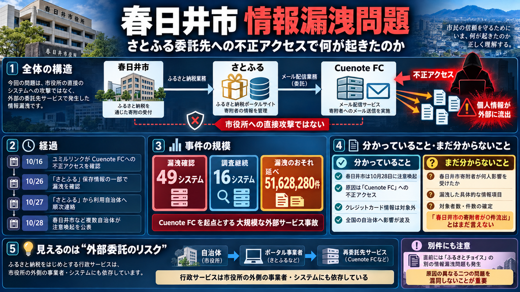 2026年10月に発生した春日井市の情報漏洩問題を解説する図解。春日井市から、ふるさと納税サイト「さとふる」、メール配信サービス「Cuenote FC」へとつながる外部委託の構造を示す。Cuenote FCへの不正アクセスにより、49システムで情報漏洩が確認され、延べ51,628,280件の情報に漏洩のおそれがあることを説明。10月16日から28日までの経緯、判明している事実と未確定事項、春日井市の寄附者への具体的な影響が不明であることを整理。別件の「ふるさとチョイス」情報漏洩問題にも触れ、行政サービスにおける外部委託先の個人情報管理の重要性を示している。
